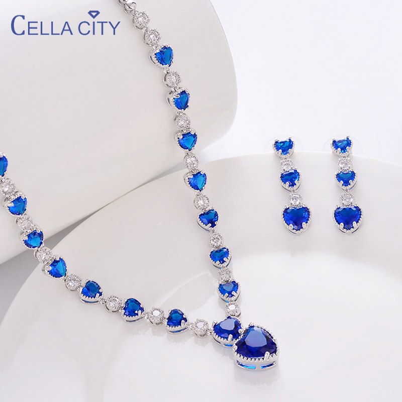 Necklace and Earing Set: Cella City's 925 Sterling Silver Gemstone Hollow Heart